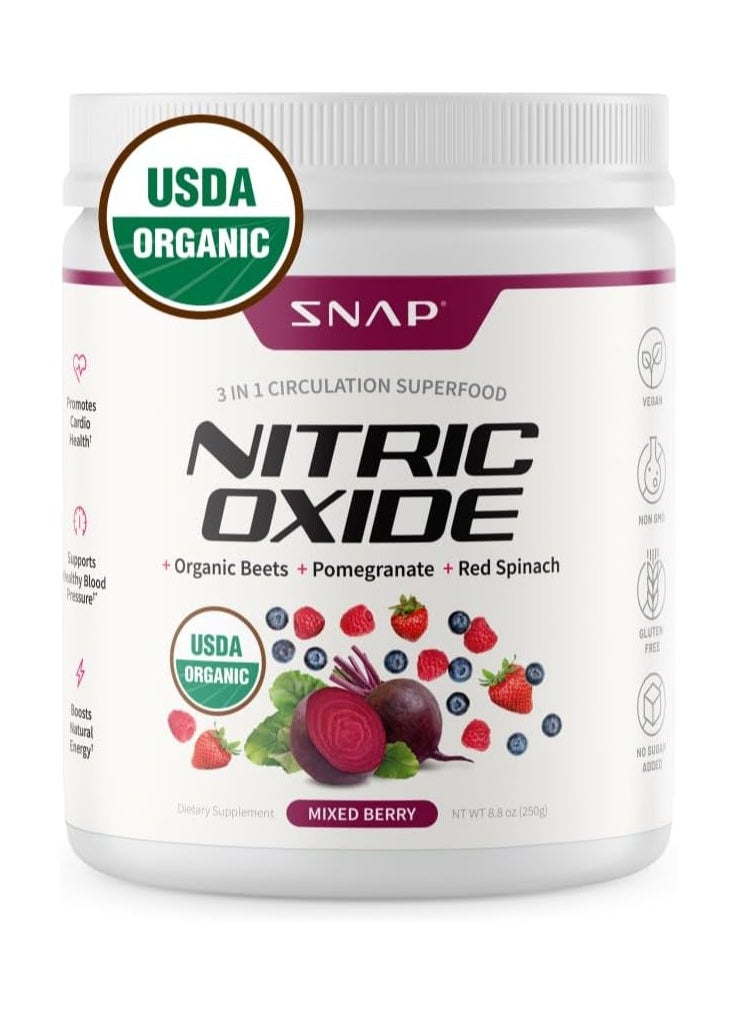 SNAP SUPPLEMENTS - Nitric Oxide Organic Beets+Pomegranate+Red Spinach 3 in 1 Circulation Superfood - Mixed Berry Flavor - 250g 8.8oz Dietary Supplements - Image 1