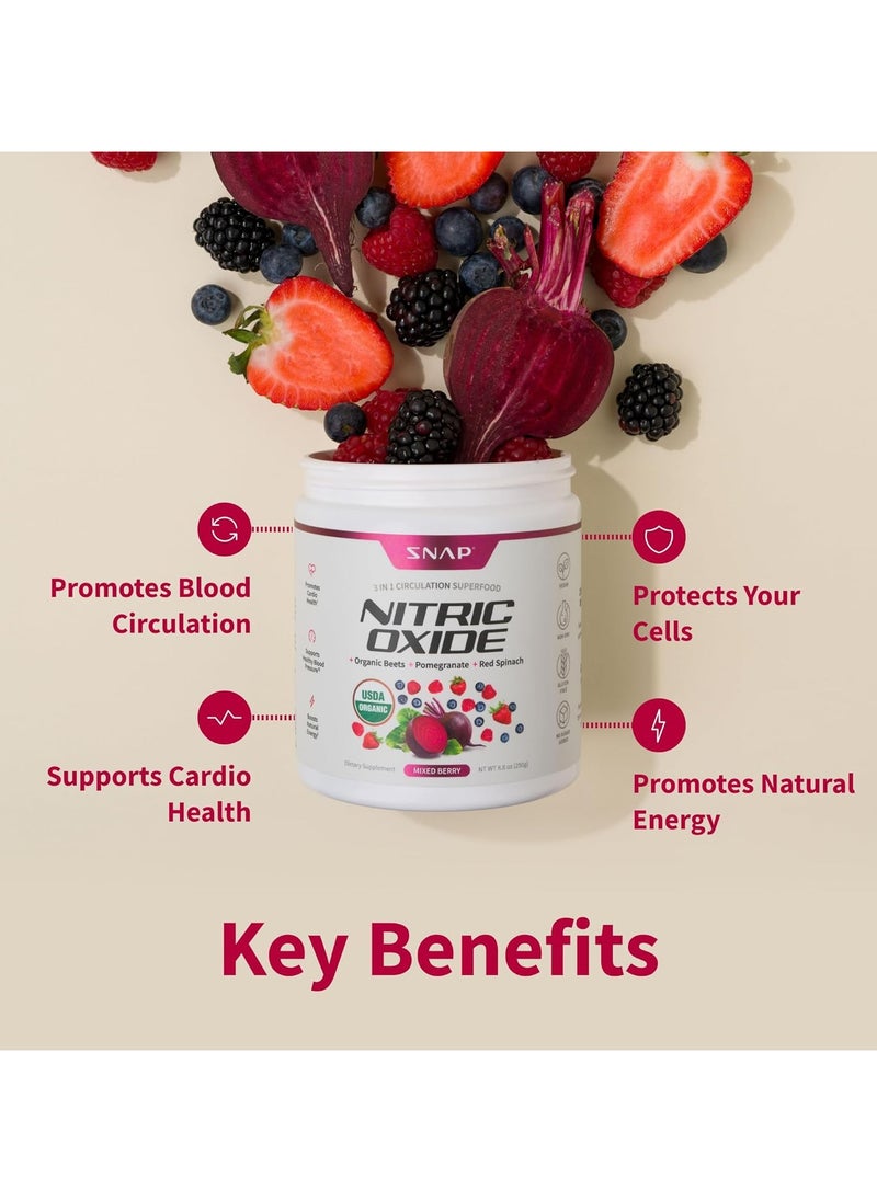 SNAP SUPPLEMENTS - Nitric Oxide Organic Beets+Pomegranate+Red Spinach 3 in 1 Circulation Superfood - Mixed Berry Flavor - 250g 8.8oz Dietary Supplements - Image 1