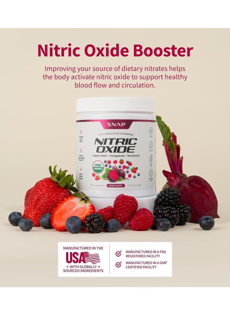 SNAP SUPPLEMENTS - Nitric Oxide Organic Beets+Pomegranate+Red Spinach 3 in 1 Circulation Superfood - Mixed Berry Flavor - 250g 8.8oz Dietary Supplements - Image 1
