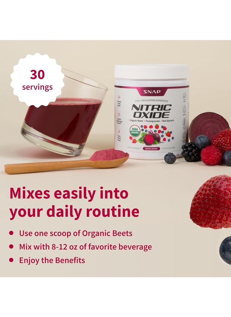 SNAP SUPPLEMENTS - Nitric Oxide Organic Beets+Pomegranate+Red Spinach 3 in 1 Circulation Superfood - Mixed Berry Flavor - 250g 8.8oz Dietary Supplements - Image 1