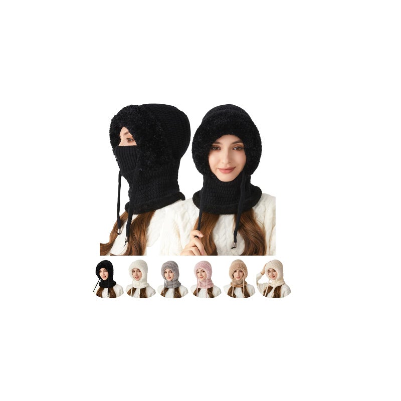 MIFYNN قبعة صوفية 3 في 1 مع وشاح وقناع للنساء، قبعة شتوية 3 في 1 مقاومة للبرد، قبعة محبوكة مقاومة للرياح بغطاء رأس، أسود، مقاس متوسط - Image 1