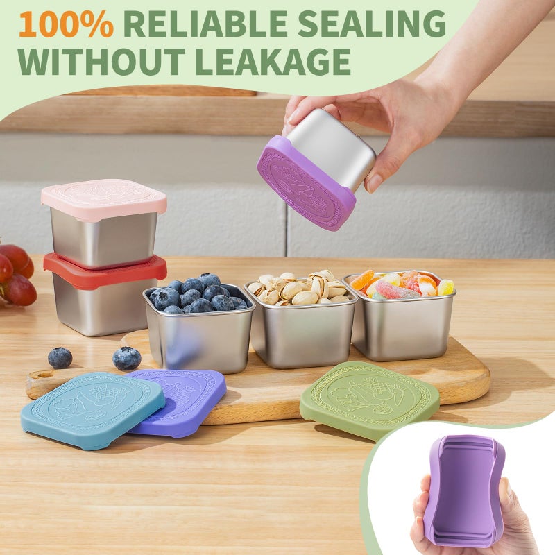 SANEXC 6 Oz Stainless Steel Snack Containers for Kids - 6 Pack Metal Food Containers with Lids Silicone Easy Open 100% Leak Proof BPA Free Reusable Baby Lunch Box for Daycare Travel and Office - Image 3