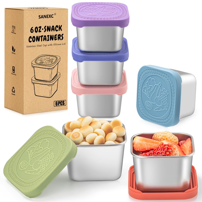 SANEXC 6 Oz Stainless Steel Snack Containers for Kids - 6 Pack Metal Food Containers with Lids Silicone Easy Open 100% Leak Proof BPA Free Reusable Baby Lunch Box for Daycare Travel and Office - Image 1