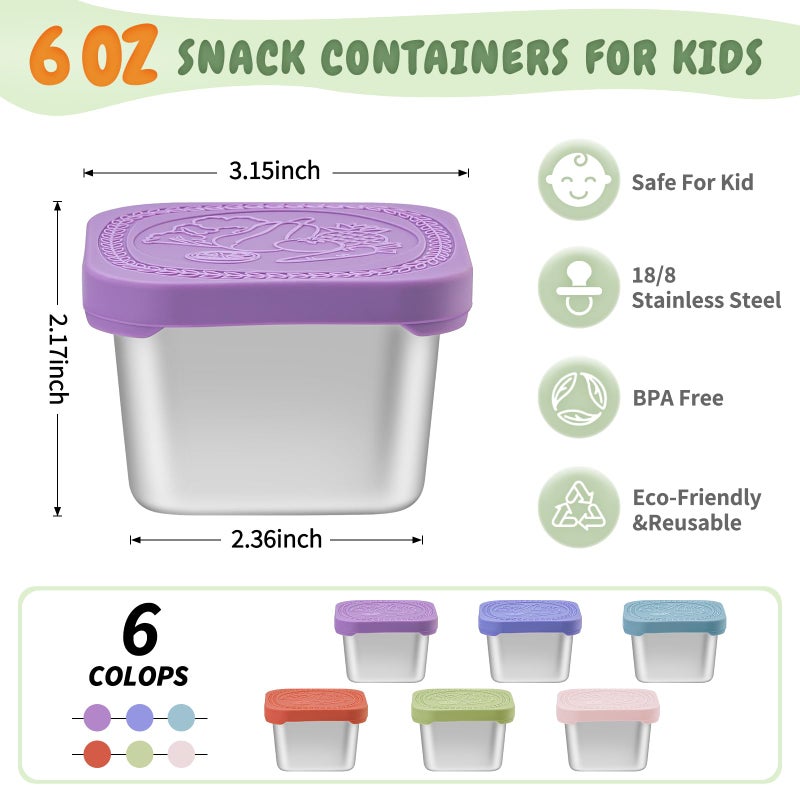 SANEXC 6 Oz Stainless Steel Snack Containers for Kids - 6 Pack Metal Food Containers with Lids Silicone Easy Open 100% Leak Proof BPA Free Reusable Baby Lunch Box for Daycare Travel and Office - Image 2