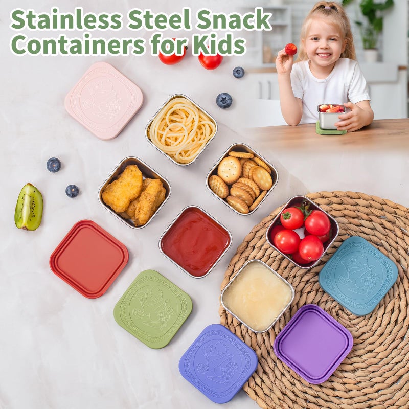 SANEXC 6 Oz Stainless Steel Snack Containers for Kids - 6 Pack Metal Food Containers with Lids Silicone Easy Open 100% Leak Proof BPA Free Reusable Baby Lunch Box for Daycare Travel and Office - Image 5
