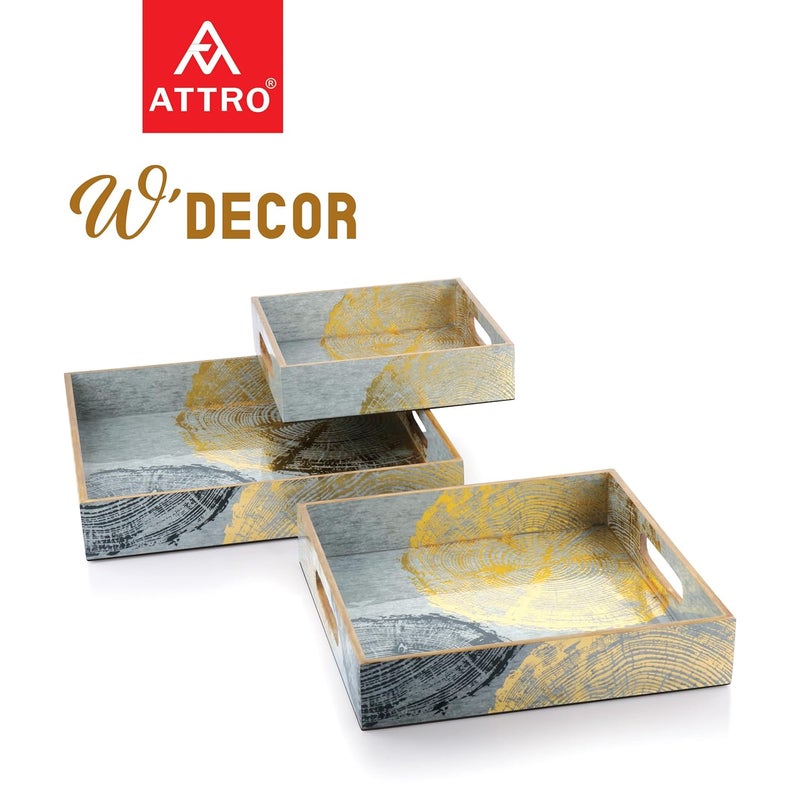 Attro Circle Gold Designer Wooden Serving Trays Square 1 Big Tray 1 Medium Tray 1 Small Tray for Home Dcor Kitchen Use Dinning Tray Set of 3 Multicolour Standard - Image 2