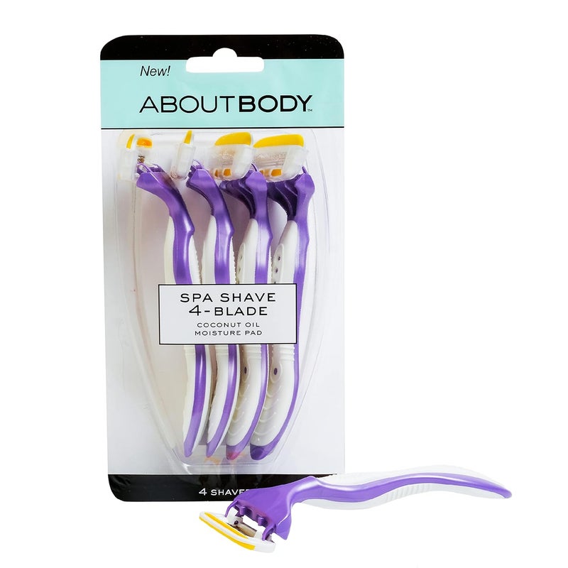 About Face About Body Spa Shave 4-Blade Disposable Razors, Premium Disposable Shavers With Coconut Oil Moisture Pad, 4 Count 