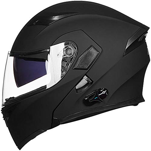 ILM Bluetooth Motorcycle Helmet Modular Flip up Full Face Dual Visor Mp3 Intercom FM Radio DOT Model 902BTMatte Black XL