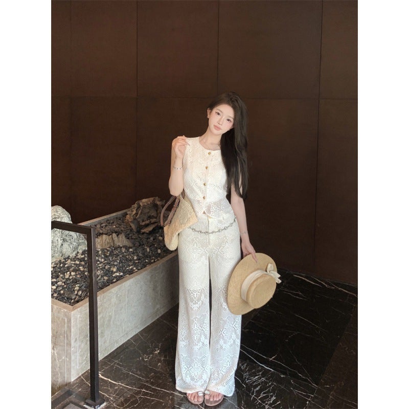 [Midsummer Night] Hollow Lace Vest Pants Two-piece Suit Womens Elegant All-match Loose Summer New Pants - Image 1