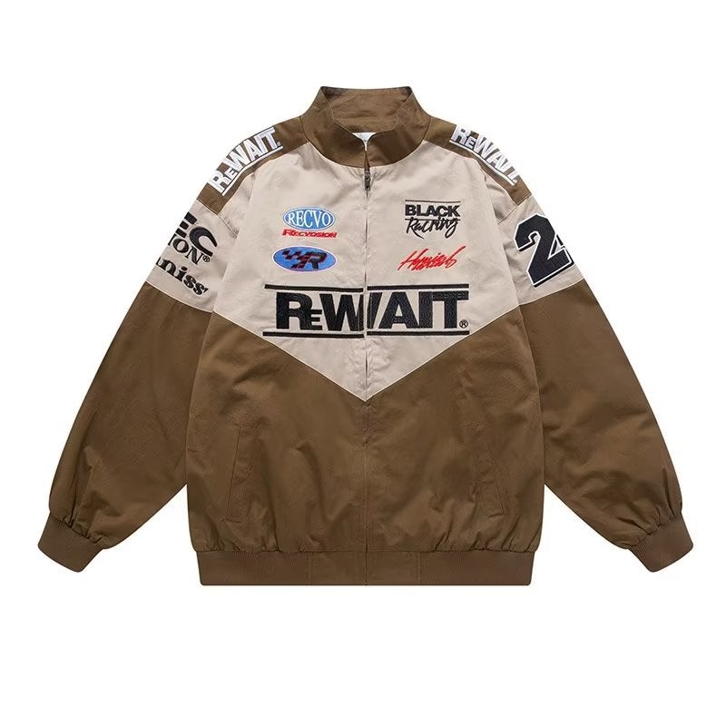 Generic Spring and Autumn High Street Vintage Street Embroidered Motorcycle Baseball Suit Mens Hip Hop Fashion Brand Couple Loose European and American Jacket Coat Brown 