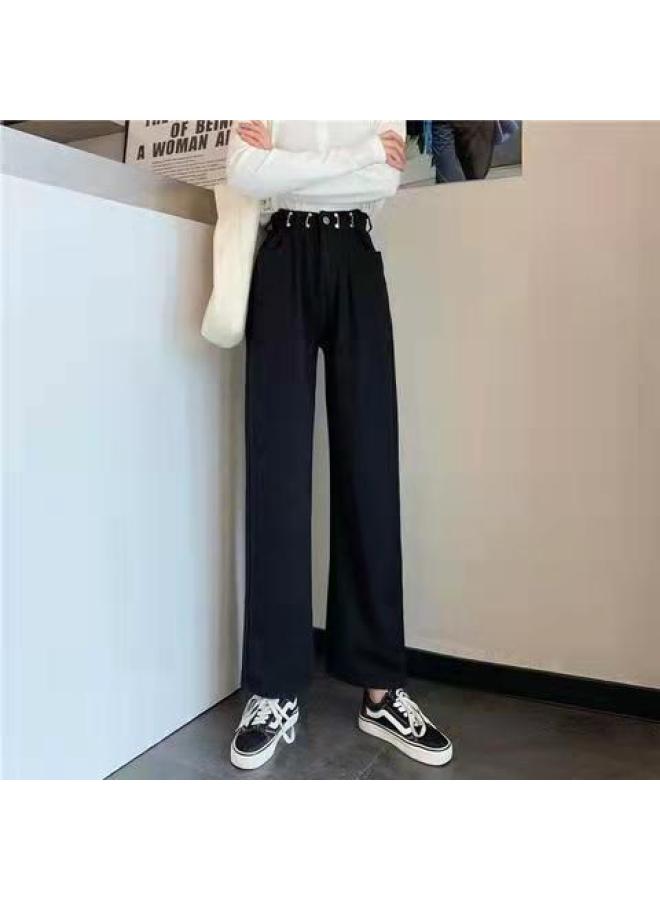 Private Brand Korean Style Retro High-waist Loose Fleece-lined Thickened Women's Jeans Versatile Slimming Straight-leg Wide-leg Long Pants Trendy - Image 1