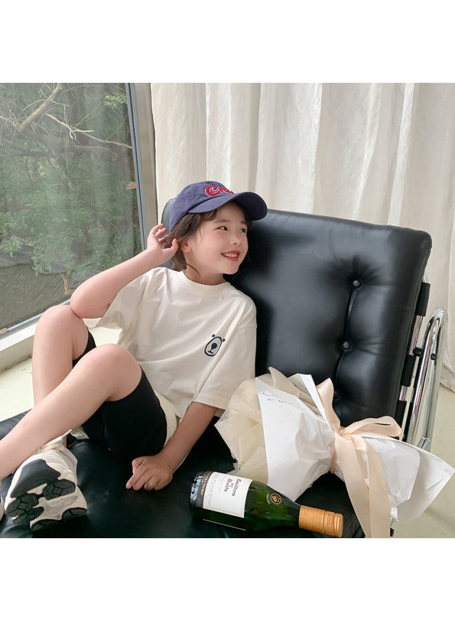 Boys And Girls Loose Fit White Short Sleeve Versatile Cartoon Bear Print T-shirt Korean Style Baby Half Sleeve Top Trendy