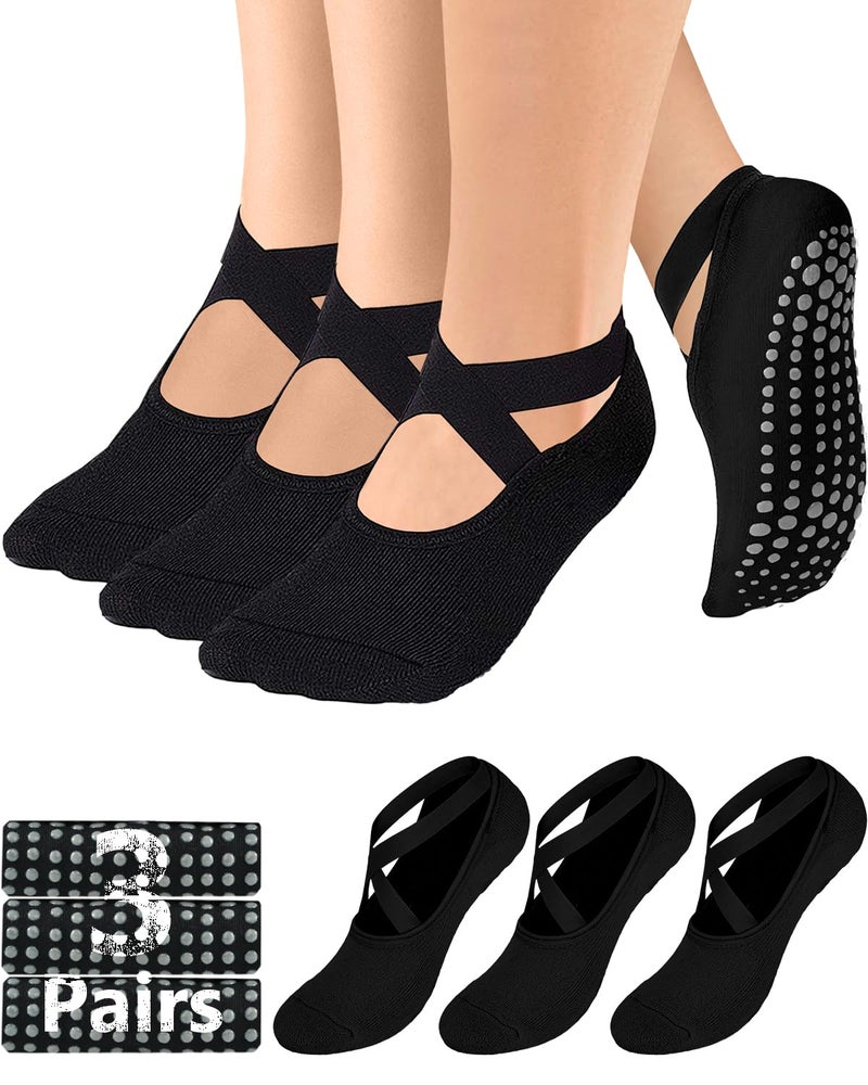 AURUZA Pilates Grip Socks for Women Men Girls Non Slip Skid Yoga Black Cute Socks Pure Barre Socks with Grips and Straps Anti Slip Grippy Ideal for Ballet Dance Barefoot Workout 3BlackM - Image 1