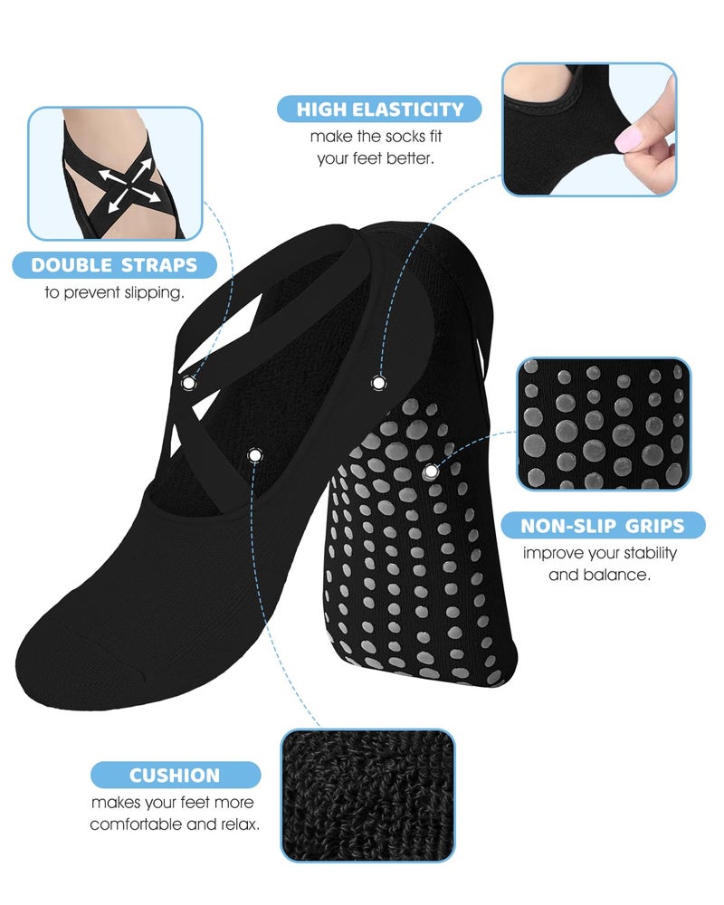 AURUZA Pilates Grip Socks for Women Men Girls Non Slip Skid Yoga Black Cute Socks Pure Barre Socks with Grips and Straps Anti Slip Grippy Ideal for Ballet Dance Barefoot Workout 3BlackM - Image 4