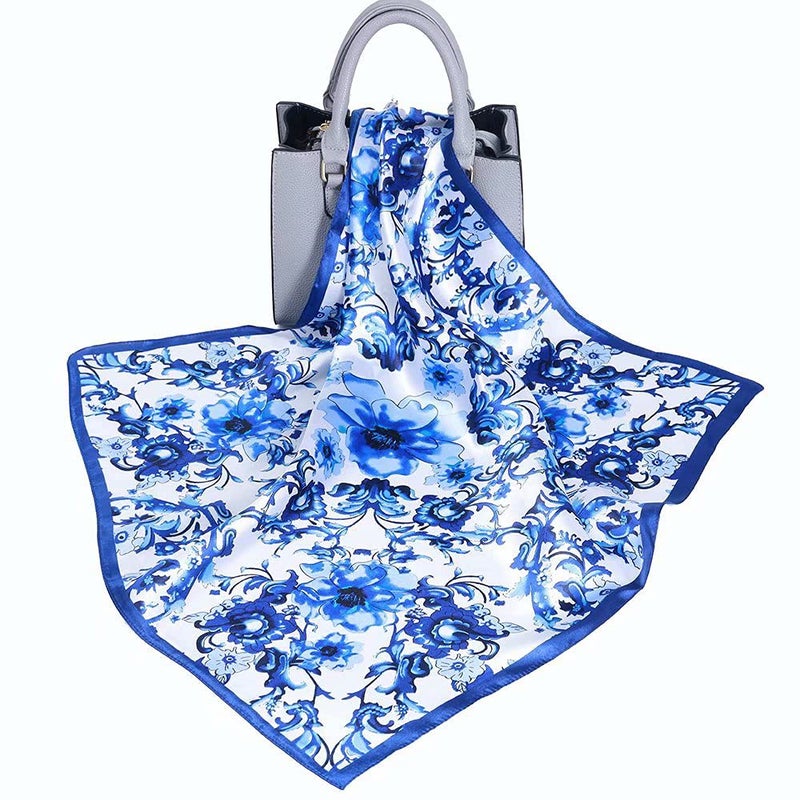 YOUR SMILE 100% Silk Scarf Womenâ€™s Fashion Pattern Large Square Satin Headscarf Headdress 24''x24'',Blue Flower - Image 3