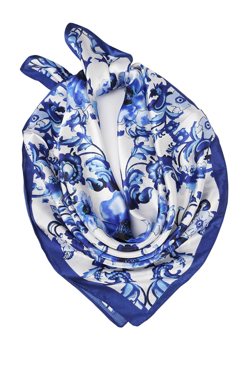 YOUR SMILE 100% Silk Scarf Womenâ€™s Fashion Pattern Large Square Satin Headscarf Headdress 24''x24'',Blue Flower - Image 2