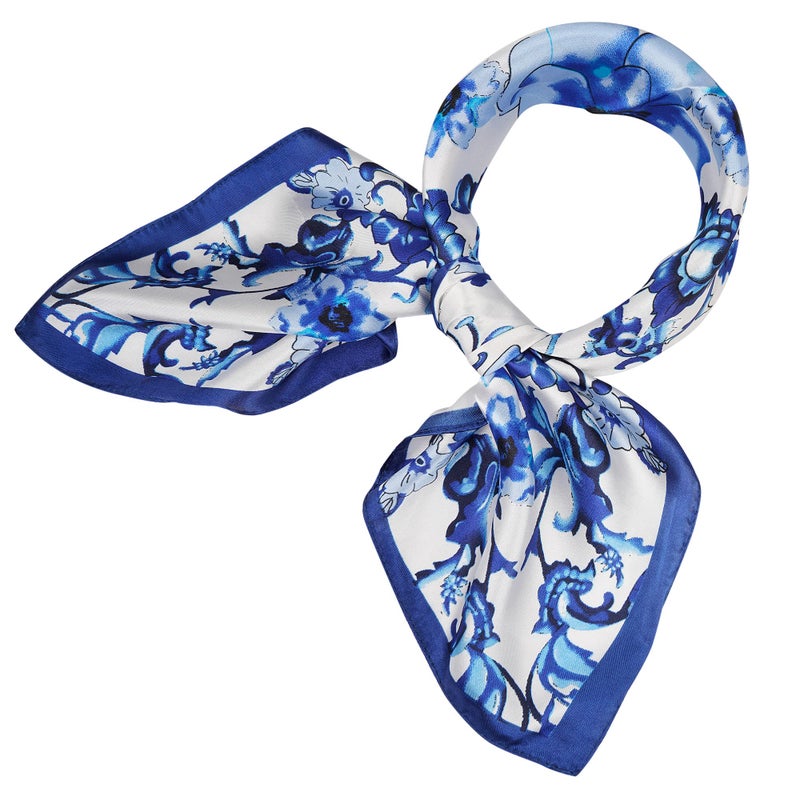 YOUR SMILE 100% Silk Scarf Womenâ€™s Fashion Pattern Large Square Satin Headscarf Headdress 24''x24'',Blue Flower - Image 1