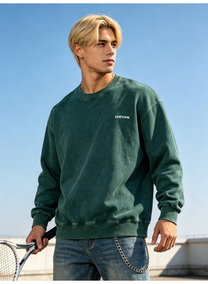 GEOX Unisex Crew Neck Sweatshirt, Long Sleeve Loose Casual Pullover for Men and Women, Dark Green - Image 1