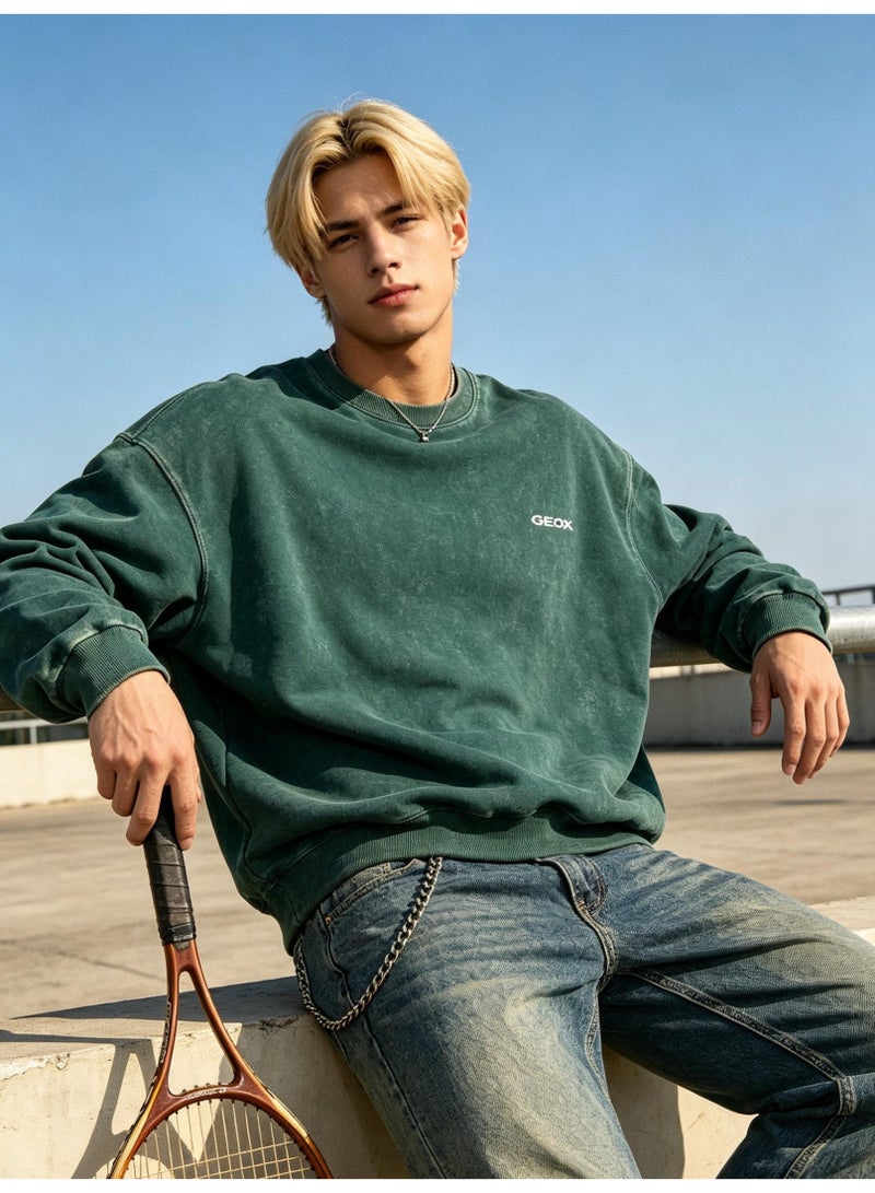 GEOX Unisex Crew Neck Sweatshirt, Long Sleeve Loose Casual Pullover for Men and Women, Dark Green - Image 3