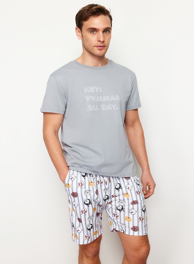 trendyol Gray Regular Fit Printed Knitted Shorts Pajamas Set - Image 1