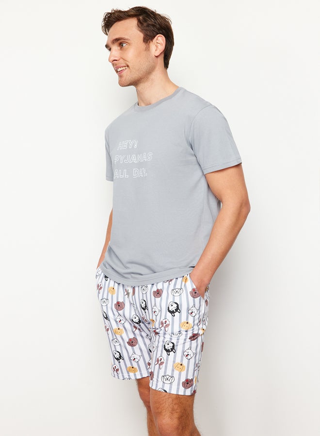 trendyol Gray Regular Fit Printed Knitted Shorts Pajamas Set - Image 2