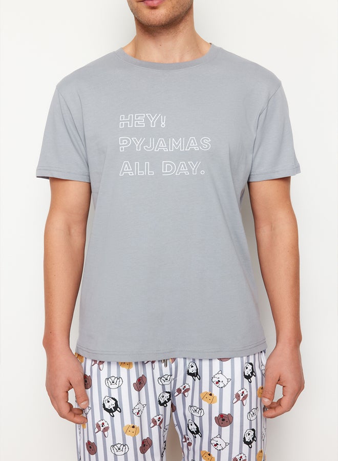 trendyol Gray Regular Fit Printed Knitted Shorts Pajamas Set - Image 4