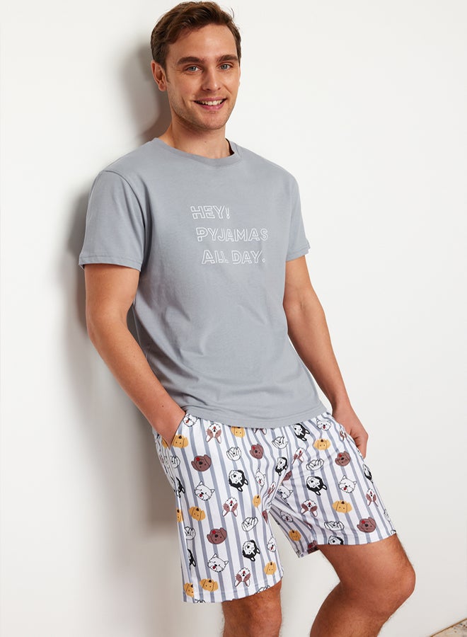 trendyol Gray Regular Fit Printed Knitted Shorts Pajamas Set - Image 3
