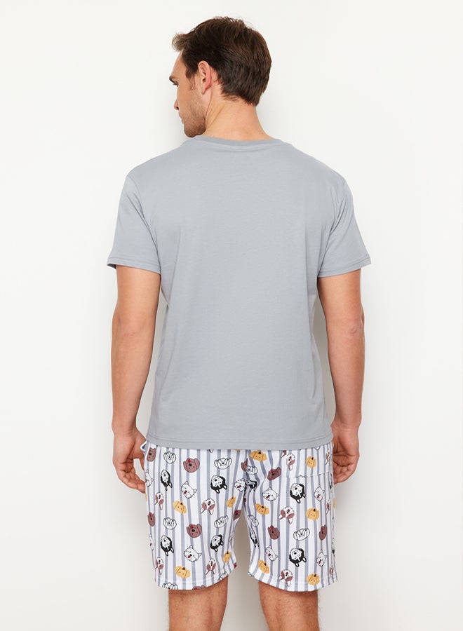 trendyol Gray Regular Fit Printed Knitted Shorts Pajamas Set - Image 5
