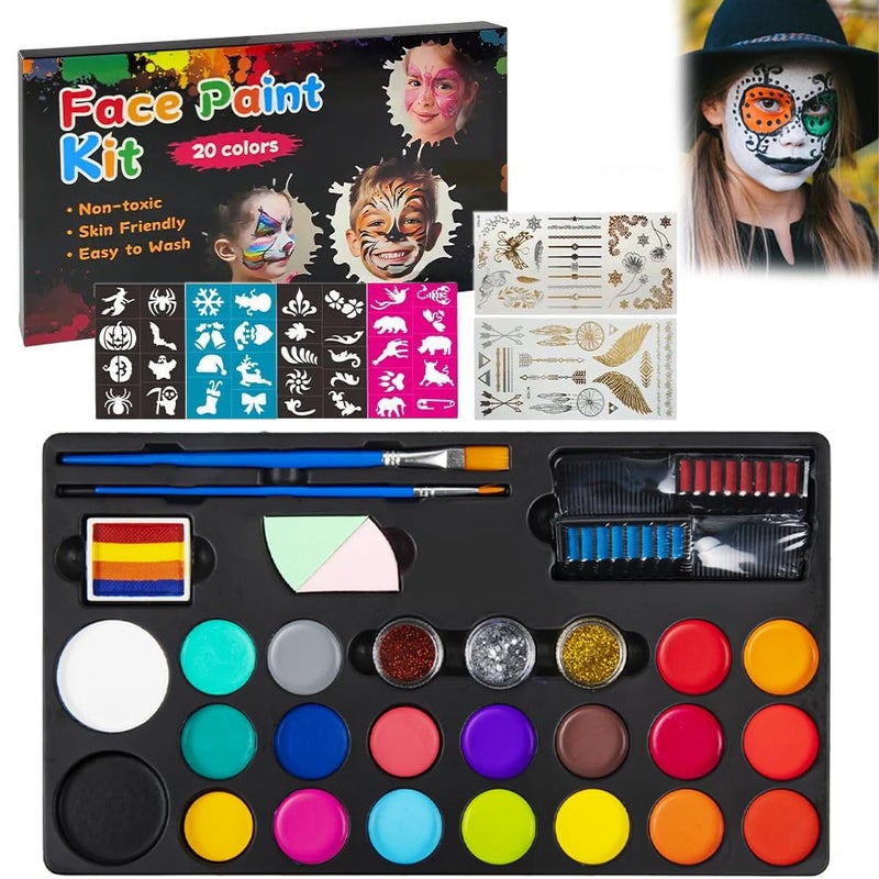 ARKZO Face and Body Paint Kit for Kids 20 Non Toxic Oil Palettes 3 Glitters 2 Hair Chalk Combs 2 Paint Brushes 32 Stencils Tattoo Sheets  Ideal for Parties Halloween Makeup Facepaint - Image 1