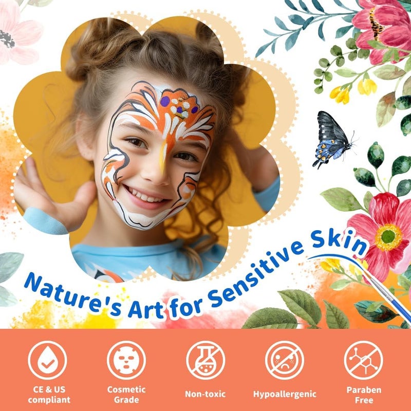 ARKZO Face and Body Paint Kit for Kids 20 Non Toxic Oil Palettes 3 Glitters 2 Hair Chalk Combs 2 Paint Brushes 32 Stencils Tattoo Sheets  Ideal for Parties Halloween Makeup Facepaint - Image 4