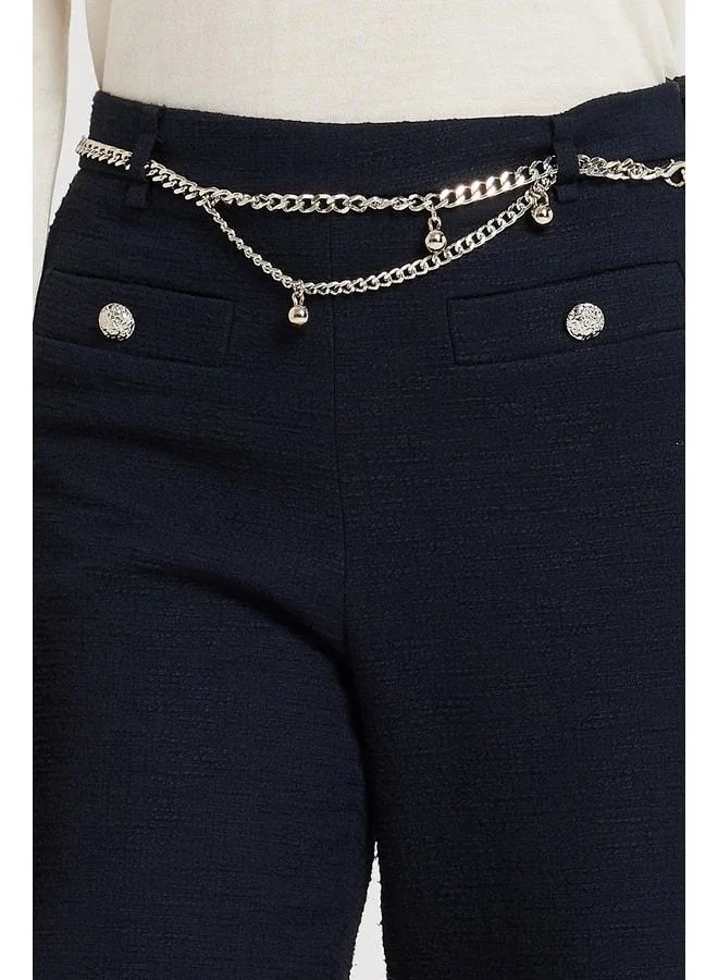 Mısırlı 1951 Navy Blue Chain-Belted Pleated Women's Pants.