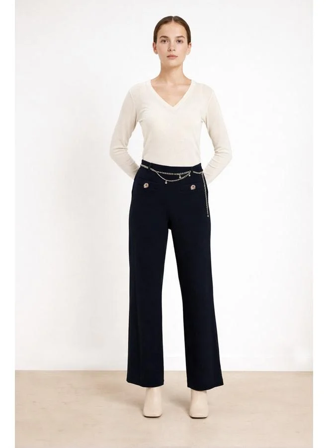 Mısırlı 1951 Navy Blue Chain-Belted Pleated Women's Pants.
