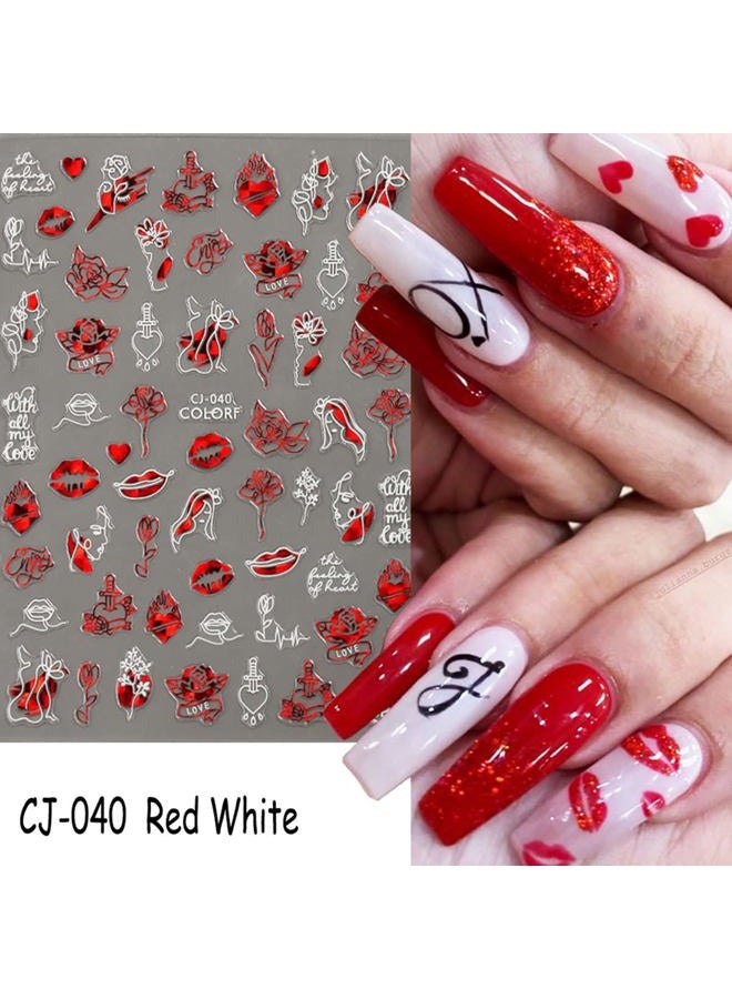 KASUWA Valentines Day Nail Art Stickers Decal Red Heart Nail Sticker Valentines Nail Decorations 3D Self-Adhesive Red White Rose Love Heart Lip Nail Design for Acylic Nail Manicure Decor 6sheets - Image 2