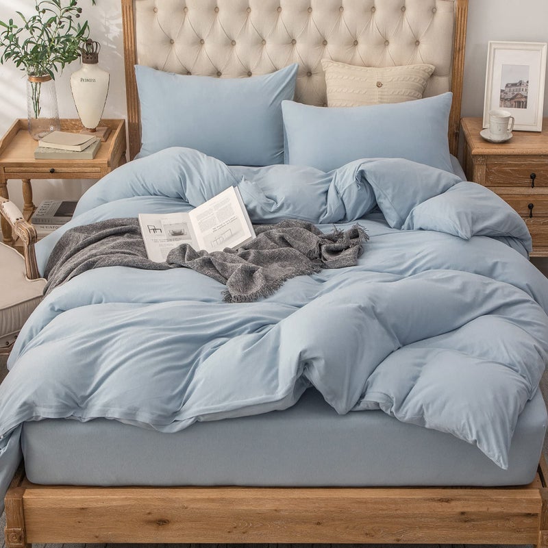 PURE ERA Jersey Knit Duvet Cover Set 100 TShirt Cotton Super Soft Comfy 3pc Bedding Set with Zipper Closure Solid Light Blue King