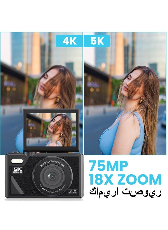 Generic Digital Camera, 5K Point and Shoot Digital Cameras with 128GB SD Card, 75MP Digital Camera for Photography and Video, Vlogging Camera with 3'' Flip Screen, 18X Digital Zoom Cameras Digital for Kids Boys Girls - Image 2