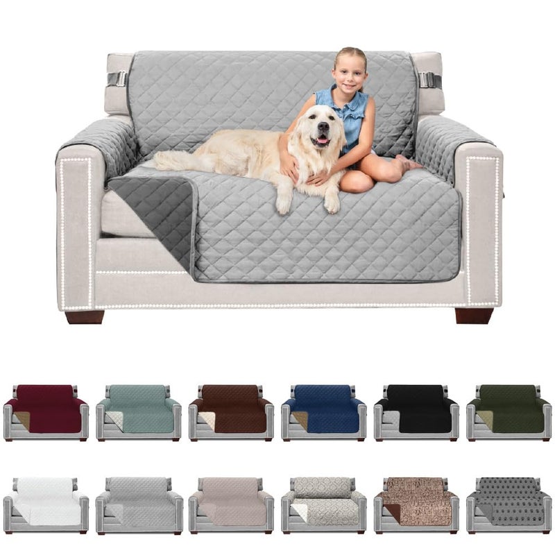 غطاء أريكة شيلد لوفسييت مع واقي وسادة بحزام مسجل تصميم أمريكي قابل للعكس مقاوم للبقع والتمزق من الكلاب 54 بوصة يغطي مقاعد قابلة للغسل للكلاب والحيوانات الأليفة رمادي فاتح فحمي