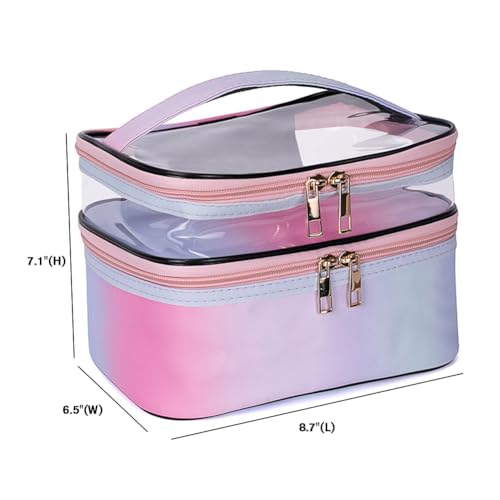 FITINI Makeup Bags Double Layer Travel Storage Cosmetic Cases Makeup Organizer Toiletry Bags Waterresistant Vegan Leather for Women Makeup Brush BagGradient Purple - Image 3