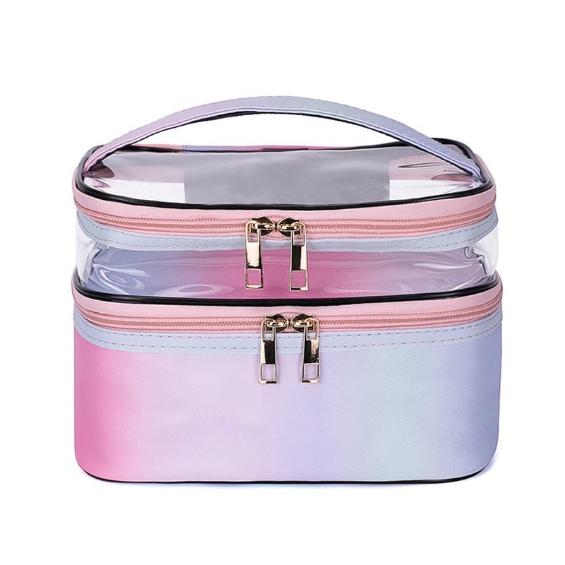 FITINI Makeup Bags Double Layer Travel Storage Cosmetic Cases Makeup Organizer Toiletry Bags Waterresistant Vegan Leather for Women Makeup Brush BagGradient Purple - Image 2