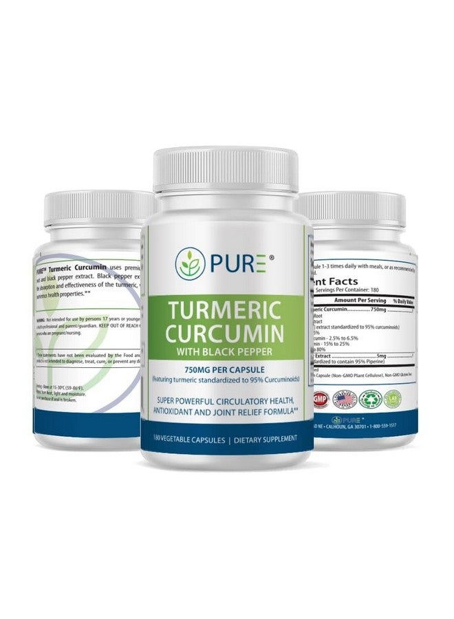 PURE كركم نقي كركمين 750 ملغ مع مستخلص الفلفل الأسود، 180 كبسولة، إمداد لمدة 6 أشهر، مكمل لصحة المفاصل ومضاد للأكسدة - Image 1