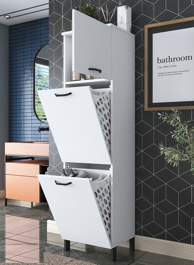 Home Canvas KC101 Bathroom Cabinet with Laundry Basket Multi-Purpose Wardrobe with 2 Baskets White - Image 4