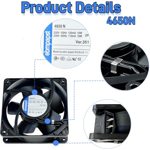 IXGPUTS for ebmpapst Cooling Fan 4650N, All Metal High Temperature Resistant Axial Cooling Fan 2-Pin 120x120x38mm AC 230V 50/60Hz 0.12A - Image 3