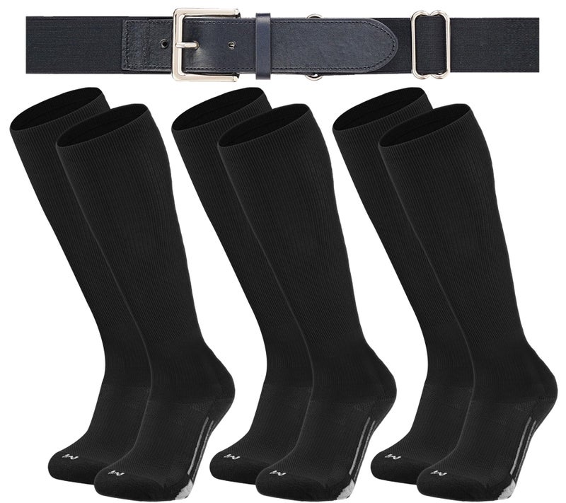 Londkaron Youth Elite Baseball/Softball Socks & Belt Combo (3 Pairs of Socks with 1 Belt) (Medium, Black) - Image 1