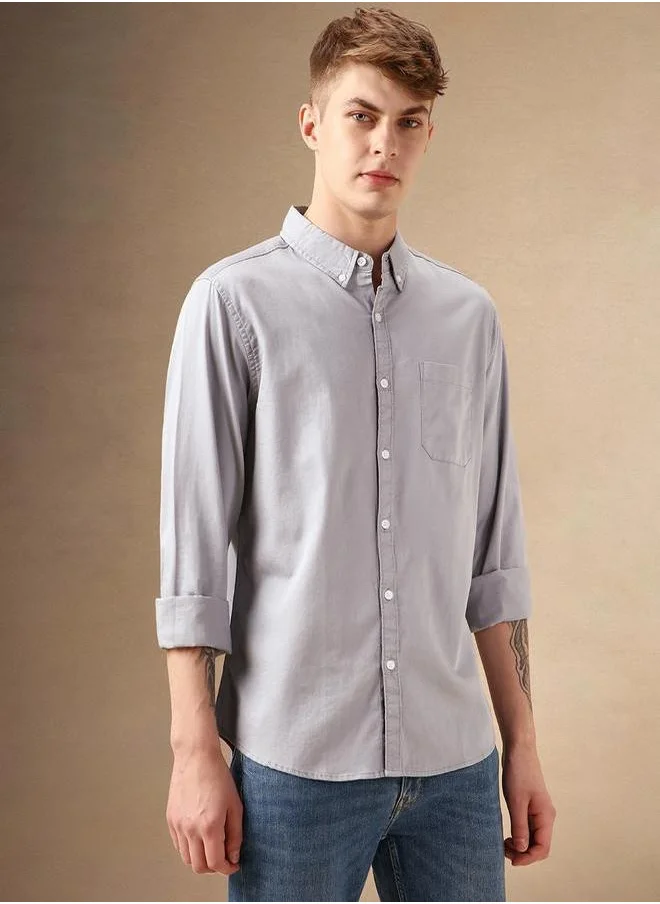 Dennis Lingo Solid Relaxed Fit Spread Collar Shirt with Pocket