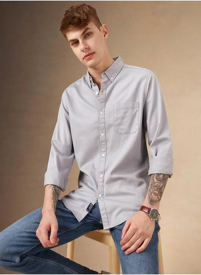 Dennis Lingo Solid Relaxed Fit Spread Collar Shirt with Pocket