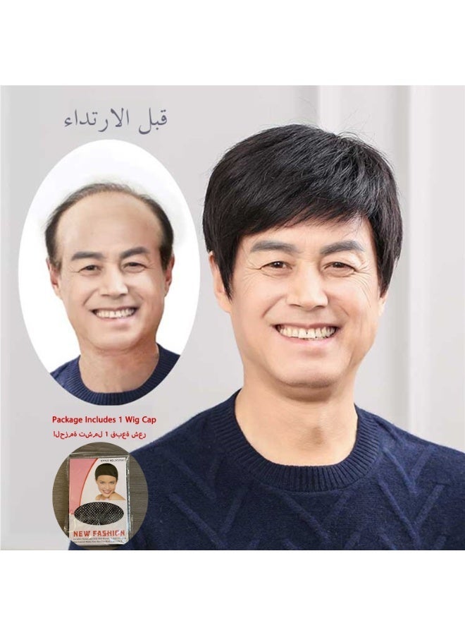100% شعر بشري كامل طقم شعر رجال قصير الشعر وسيم شعر حقيقي للرجال منتصف العمر وكبار السن طقم شعر حقيقي مظهر طبيعي شعر مستقيم يغطي الشعر الأبيض هدية لأبي - Image 2