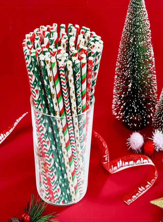 ALINK 200 Christmas Paper Straws, 8 Styles Red Green White Gold Biodegradable Party Drinking Straws with Stripe, Wave, Christmas Tree Snowflake Design Decorations Supplies - Image 3