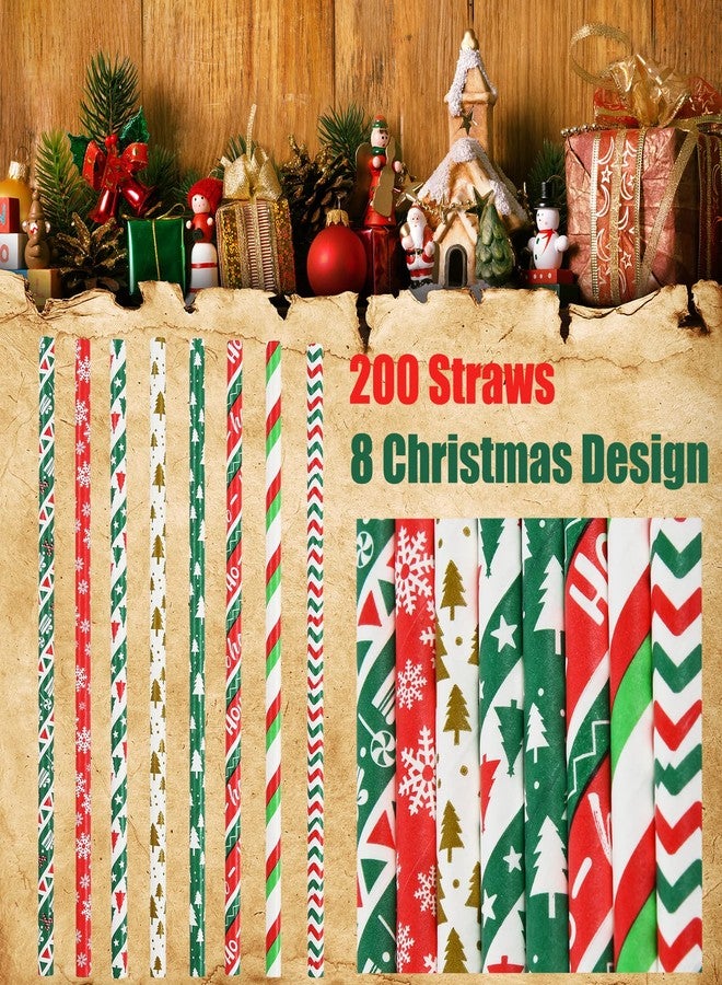 ALINK 200 Christmas Paper Straws, 8 Styles Red Green White Gold Biodegradable Party Drinking Straws with Stripe, Wave, Christmas Tree Snowflake Design Decorations Supplies - Image 2