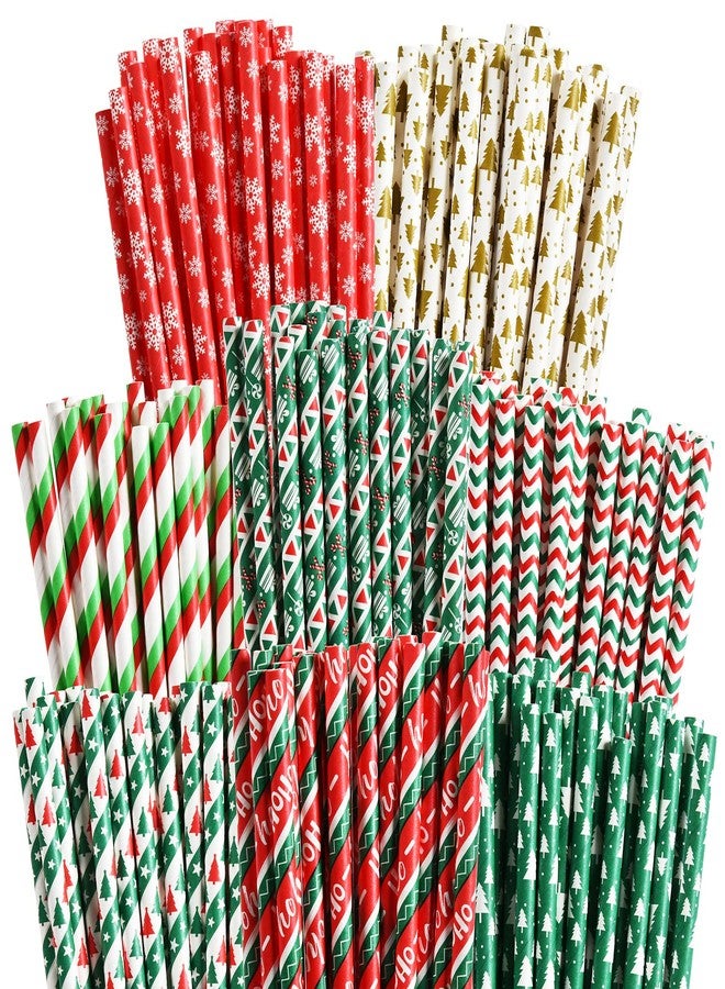 ALINK 200 Christmas Paper Straws, 8 Styles Red Green White Gold Biodegradable Party Drinking Straws with Stripe, Wave, Christmas Tree Snowflake Design Decorations Supplies - Image 1