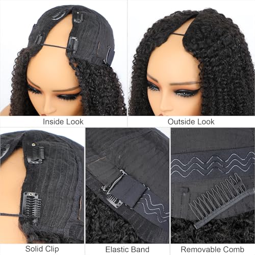 ISEE V Part Human Hair Kinky Curly Minimal/No Leave Out Upgrade U Part Wig for Black Women Human Hair V Shape Wig Kinky Curly Thin Part Glueless Clip In Half Wig 180% Density Natural Color 16 Inch - Image 4
