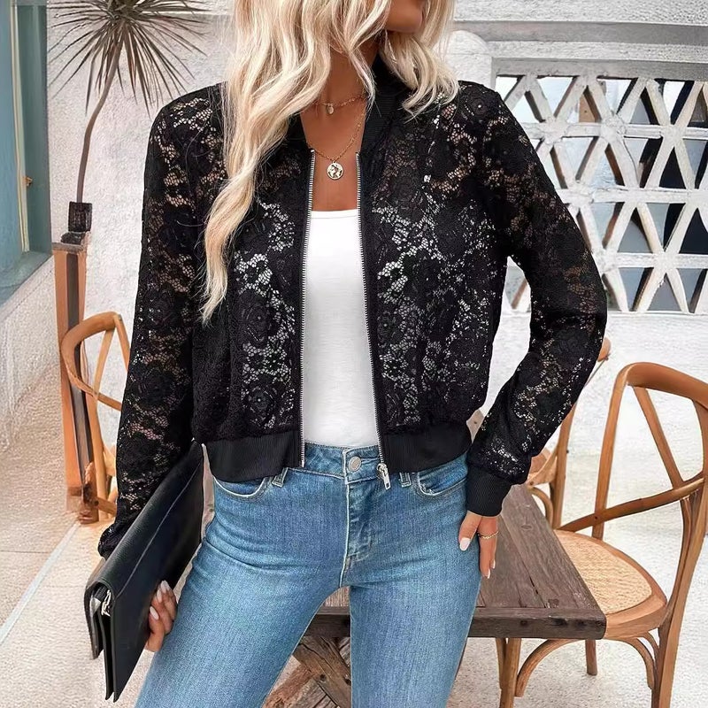 Elegant Women's Jacquard Lace Zipper Short Jacket - Image 4
